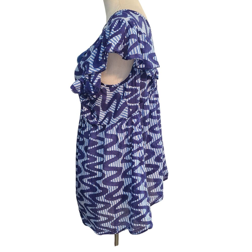 Oliphant Blue White Wave Stripe Flutter Sleeve Top Boho Coastal Tassel Tunic M - Picture 4 of 9